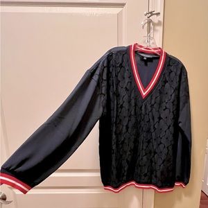 Tommy Hilfiger V-Neck Womens Flower Lace Front Pullover Blouse Navy Blue Sz XL